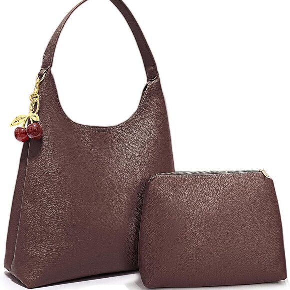 Large Dark Brown Vegan Leather Hobo Tote with Cherry Charm for Travel & Work - Picture 1 of 6